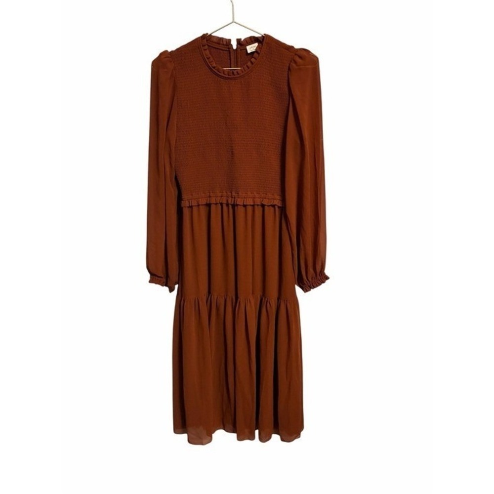 Wilfred Rosalyn Smocked Tiered Midi Dress Rustwood Brown MED NWT